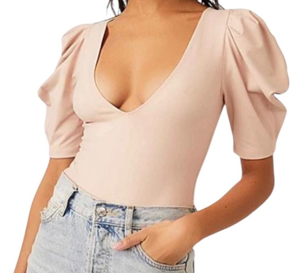 Free People bodysuit Va Va Voop knit deep v neck tan size X-Small XS